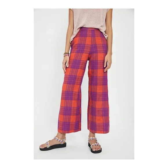 Eva Franco Anthropologie Plaid Pink & Purple Wide Leg Linen Pants - Picture 2 of 5